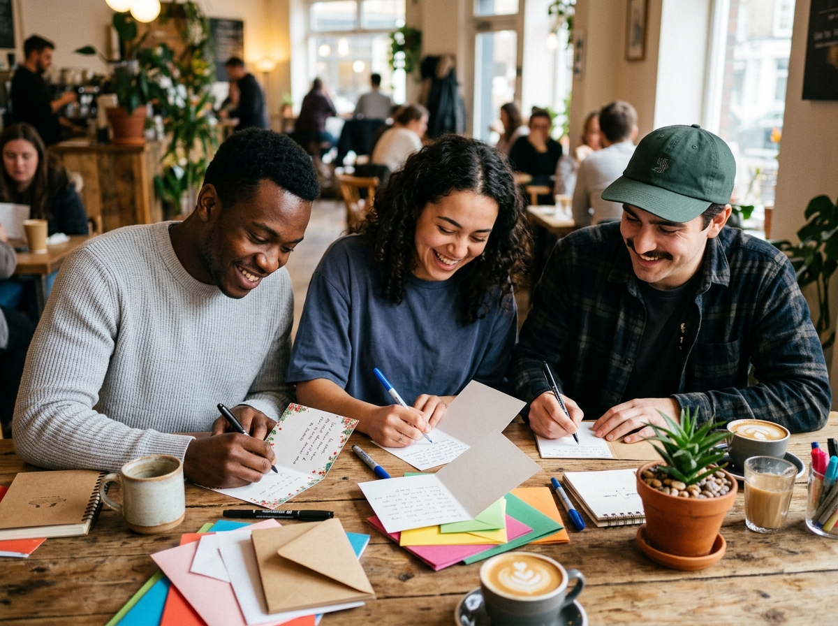 Three young colleagues smiling and writing thank you cards together