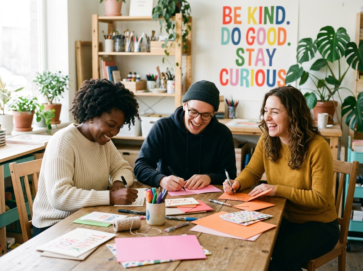 Three smiling colleagues writing thank-you cards together around a workshop table