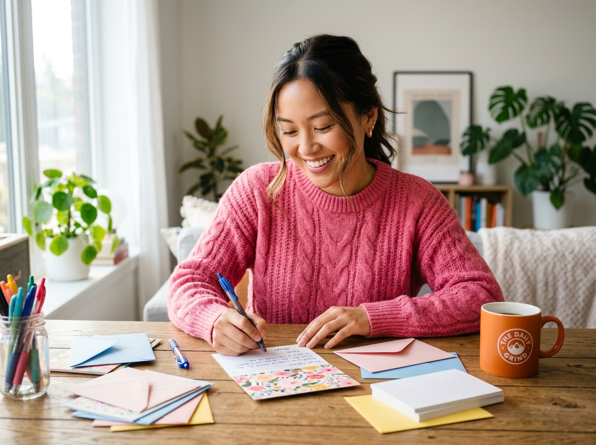 Smiling woman writing thank you card at a sunlit desk with tea and stationery