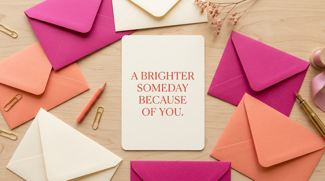 Colorful greeting envelopes with card reading: A brighter someday because of you